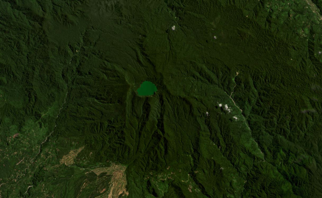 Malintang volcano in Indonesia is shown in this August 2020 Planet Labs satellite image monthly mosaic (N is at the top; this image is approximately 25 km across). A crater lake is present at the summit. A large horseshoe-shaped scarp is visible down the southern flank, likely formed through flank collapse. Satellite image courtesy of Planet Labs Inc., 2020 (https://www.planet.com/).