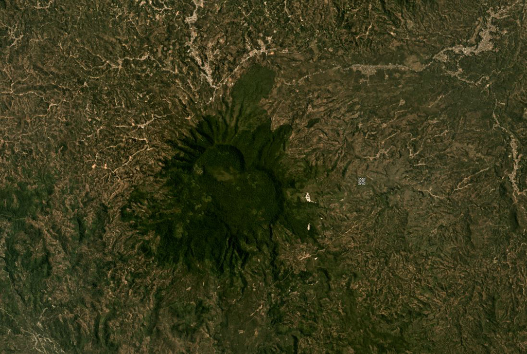 The eroded Sekincau Belirang edifice is shown in this September Planet Labs satellite image monthly mosaic (N is at the top; this image is approximately 21 km across). The summit area has two calderas, Belirang and Balak, and active geothermal areas appear as white areas on the eastern flank. Satellite image courtesy of Planet Labs Inc., 2019 (https://www.planet.com/).