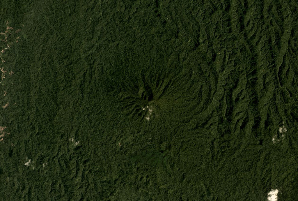 The vegetated Tobaru volcano in western North Maluku, Indonesia, is in the center of this November 2019 Planet Labs satellite image monthly mosaic (N is at the top; this image is approximately 12 km across). There is a possible flank collapse scarp on the western flank. Satellite image courtesy of Planet Labs Inc., 2019 (https://www.planet.com/).