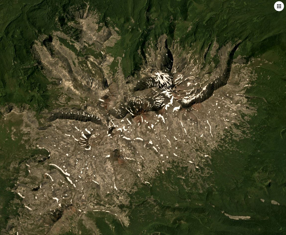 The Pleistocene Akhtang volcano in the Sredinny Range, Kamchatka, is shown in this July 2019 Planet Labs satellite image monthly mosaic (N is at the top; this image is approximately 12.5 km across). The deeply eroded edifice has W- to N-facing scarps that form the ridge across the summit area. Satellite image courtesy of Planet Labs Inc., 2019 (https://www.planet.com/).