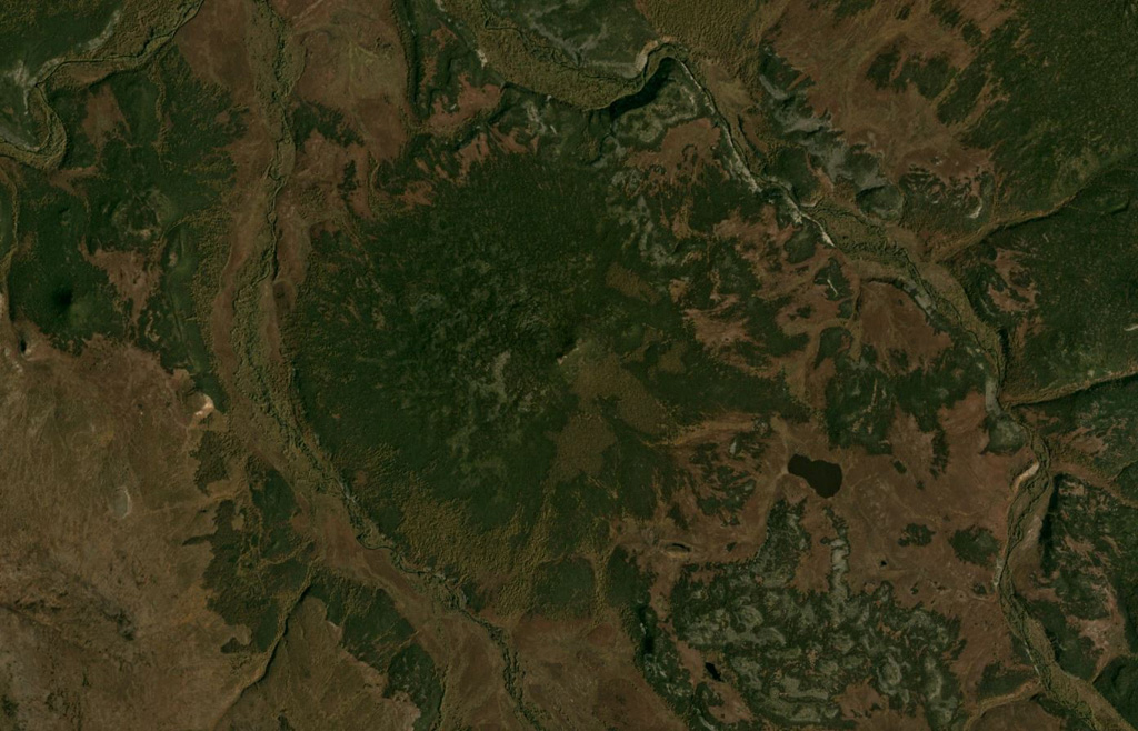 Kulkev volcano has a basal diameter of around 7 km and is shown in this September 2019 Planet Labs satellite image monthly mosaic (N is at the top; this image is approximately 15 km across). Satellite image courtesy of Planet Labs Inc., 2019 (https://www.planet.com/).