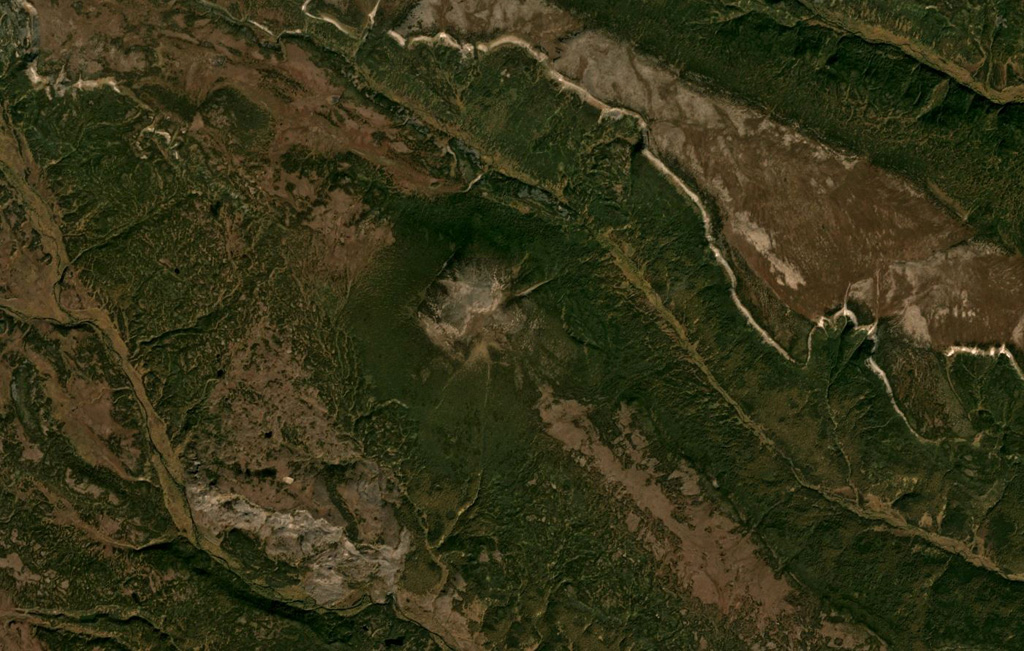 The small Fedotych cone located in the Sredinny Range, Kamchatka, is in the center of this September 2019 Planet Labs satellite image monthly mosaic (N is at the top; this image is approximately 14 km across). Satellite image courtesy of Planet Labs Inc., 2019 (https://www.planet.com/).