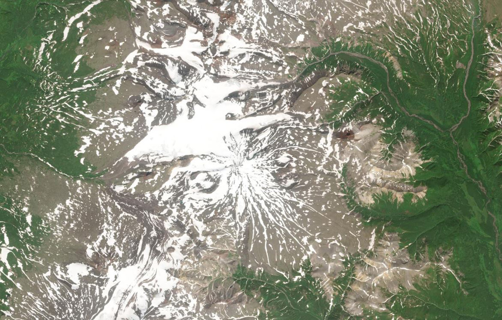 Snezhniy volcano in the northern Sredinny Range of Kamchatka is in the center of this 27 July 2019 Sentinel-2 satellite image (N is at the top; this image is approximately 30 km across). Several large scarps are visible on the NW flank and three craters have been identified on the flanks as well as a 700-m-diameter summit crater. Satellite image courtesy of Copernicus Sentinel Data, 2019.