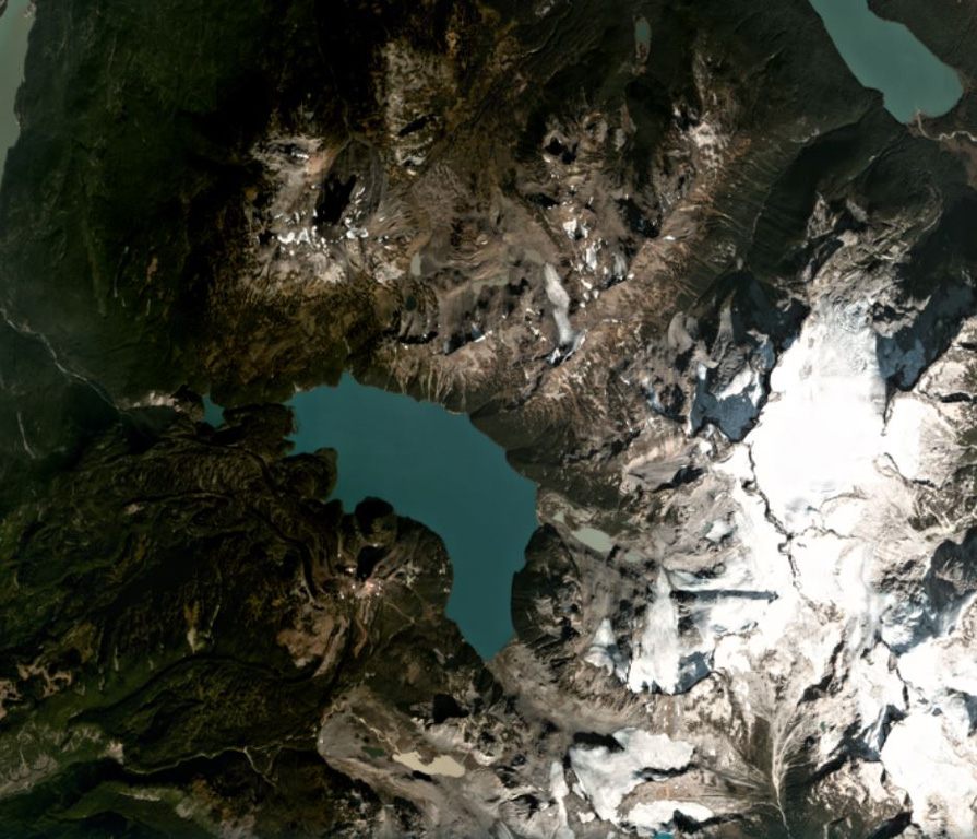 Garibaldi Lake is a group of nine cones around the lake in the center of this October 2020 Planet Labs satellite image monthly mosaic (N is at the top; this image is approximately 16.5 km across). The three cones SW of the lake center are Price Bay, Mount Price, and Clinker Peak. The Black Husk is the dark cone about 2.5-3 km N of the upper part of the lake, and The Cinder Cone is 2.5 km SE of that. Satellite image courtesy of Planet Labs Inc., 2020 (https://www.planet.com/).