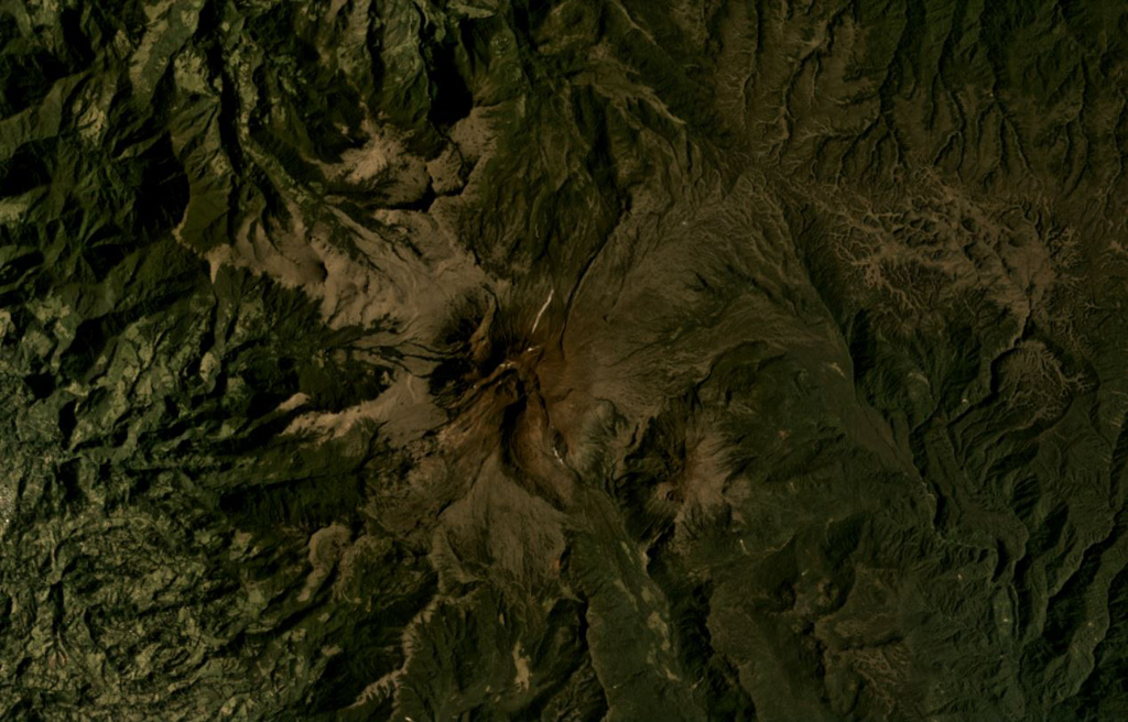 Sotará in Colombia is shown in the center of this February 2020 Planet Labs satellite image monthly mosaic (N is at the top; this image is approximately 19 km across). The edifice formed within a 4.5-km-diameter caldera and has a collapse scarp open towards the SW, as well as several lava domes in the summit area. Thick lava flows and domes have been emplaced within the scarp. Satellite image courtesy of Planet Labs Inc., 2020 (https://www.planet.com/).