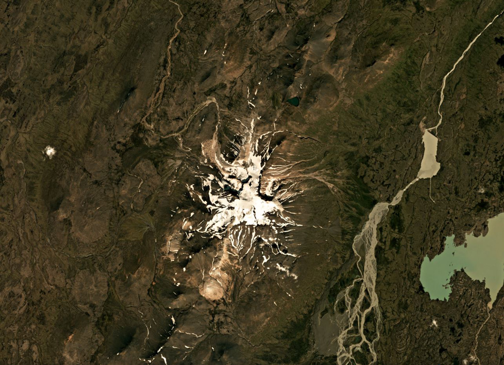 Snæfell (Snaefell) is comprised of a main edifice with NE-SW-trending fissures extending out to 10-18 km, with the former shown in this August 2019 Planet Labs satellite image monthly mosaic (N is at the top; this image is approximately 21 km across). An ice cap across the summit reaches a few tens of meters thick. Satellite image courtesy of Planet Labs Inc., 2019 (https://www.planet.com/).