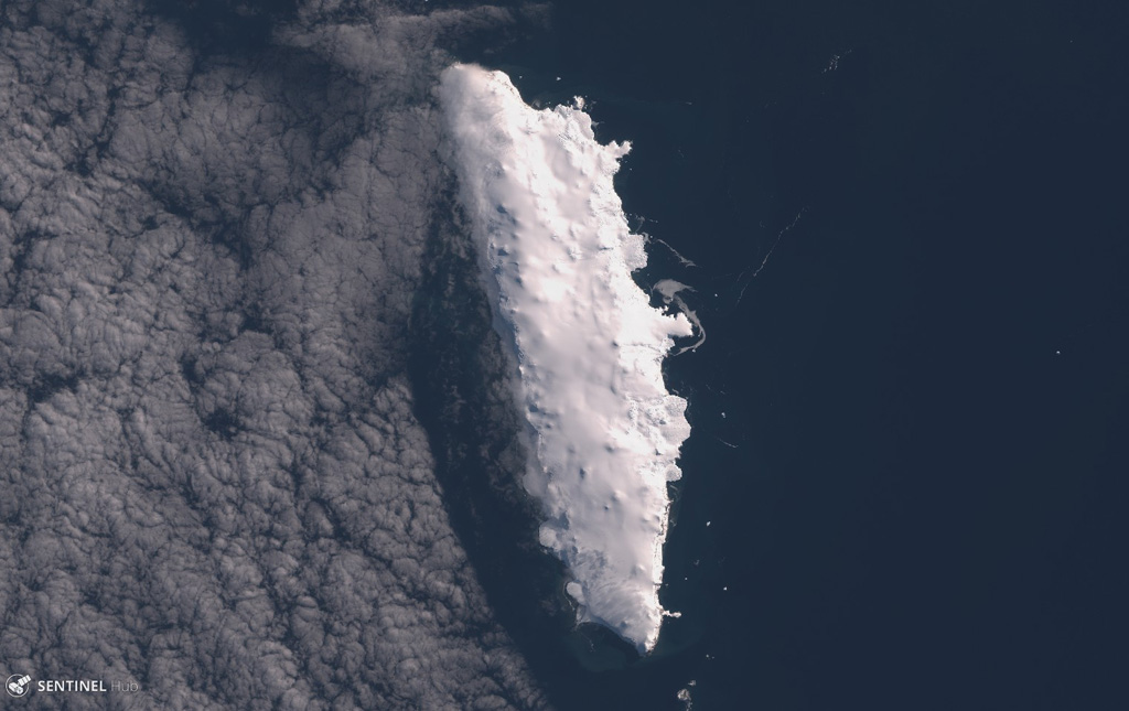 The 21-km-long Buckle Island near Antarctica is shown in this 2 March 2019 Sentinel-2 satellite image (N is at the top). It is one of three main Balleny islands of similar size with Young to the N and Sturge S and is 110 km NNE of Belousov Point. Satellite image courtesy of Copernicus Sentinel Data, 2019.