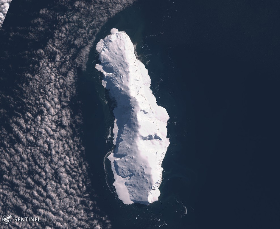 The roughly 32-km-long Sturge Island is shown in this 3 March 2019 Sentinel-2 satellite image (N is at the top). It is the southernmost of the three main Balleny islands, with Buckle and Young to the north. Satellite image courtesy of Copernicus Sentinel Data, 2020.