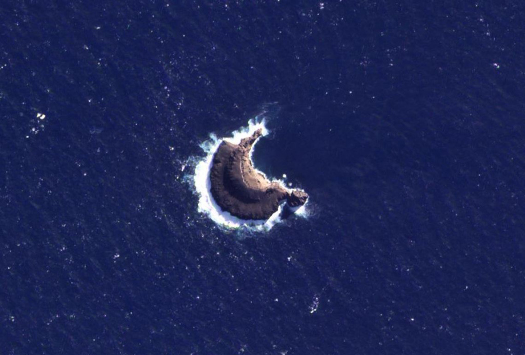 The 1-km-wide (maximum E-W direction) Leskov Island is shown in this 19 March 2021 PlanetScope satellite image (N is at the top). The island is the surface manifestation of a seamount chain that extends 60 km SW of Zavodovski in the South Sandwich Islands and is the smallest of the island group. The island coastline is entirely cliffs and it is constructed of eroded lava flows. Satellite image courtesy of Planet Labs Inc., 2021 (https://www.planet.com/).