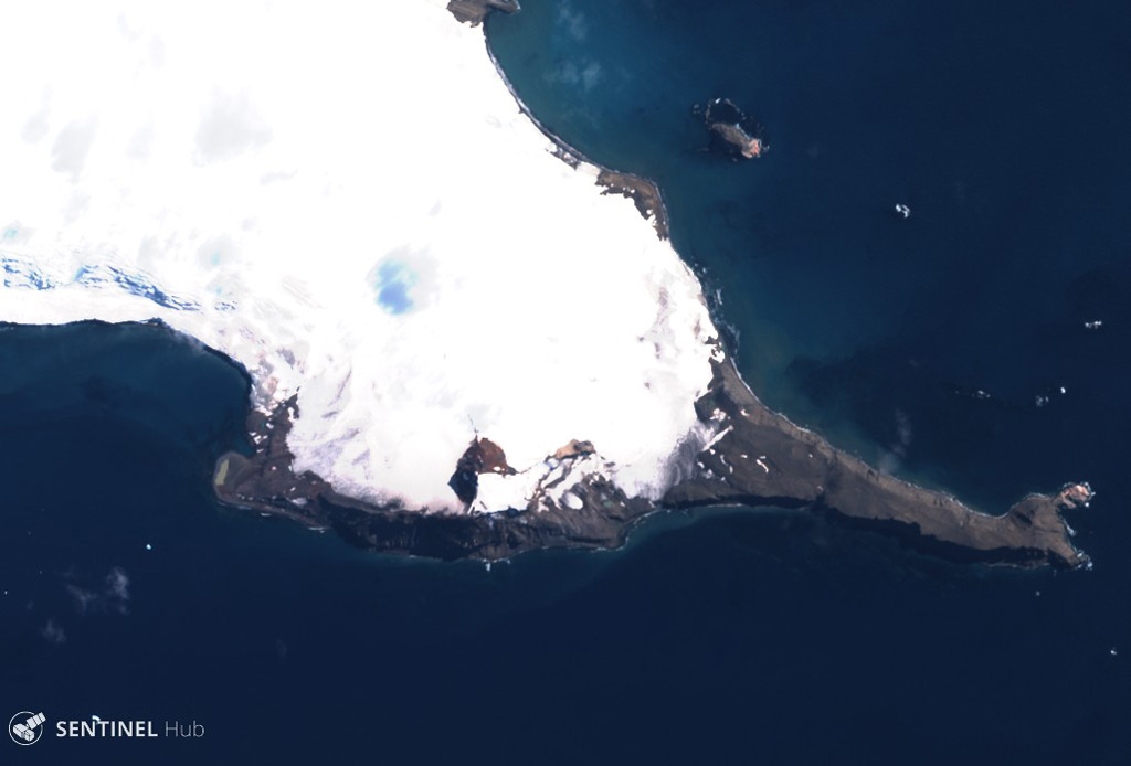 Melville is located on the southern peninsula at the east end of King George Island, Antarctica, in the area shown in this 19 January 2020 Sentinel-2 satellite image (N is at the top; this image is approximately 9 km across). Satellite image courtesy of Copernicus Sentinel Data, 2020.