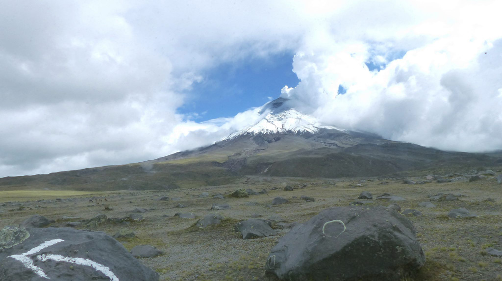 An eruption at Volcán Cotopaxi began on 14 August 2015 with a series of phreatic explosions in the crater, seen here from the N in December 2015 with ash deposits across the summit area. Explosive activity continued throughout August with continuous ash-and-gas emissions that declined towards the end of September 2015. Degassing at the summit produces the plume rises towards the towards the NW. Photo by Ailsa Naismith, 2015.