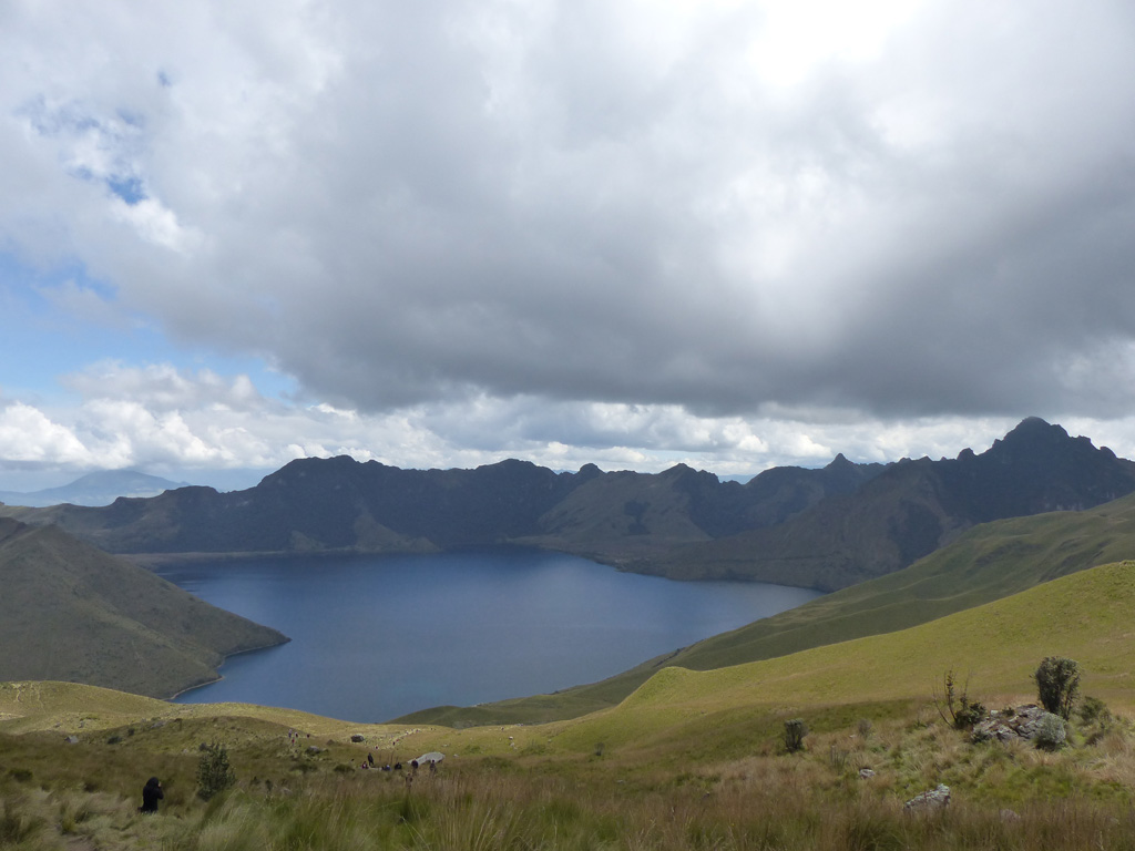 The Mojanda summit caldera formed during a Plinian eruption ~200,000 years ago and now has three lakes. In the indigenous Quechua language they are Karikucha (Male Lake), Yanakucha (Black Lake), and Warmikucha (Female Lake). This October 2015 photograph is looking E towards Karikucha lake from the upper slopes of Mojanda. Photo by Ailsa Naismith, 2015.