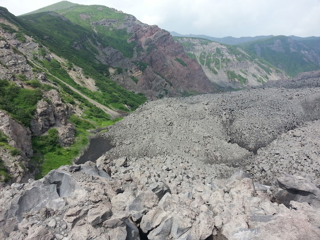 Thick lava flows from Karymsky have been emplaced down the flanks and have partly infilled the Karymsky caldera. The NW caldera wall is seen here in 2014, with oxidized deposits from the older cone exposed. Photo by Janine Krippner, 2014.