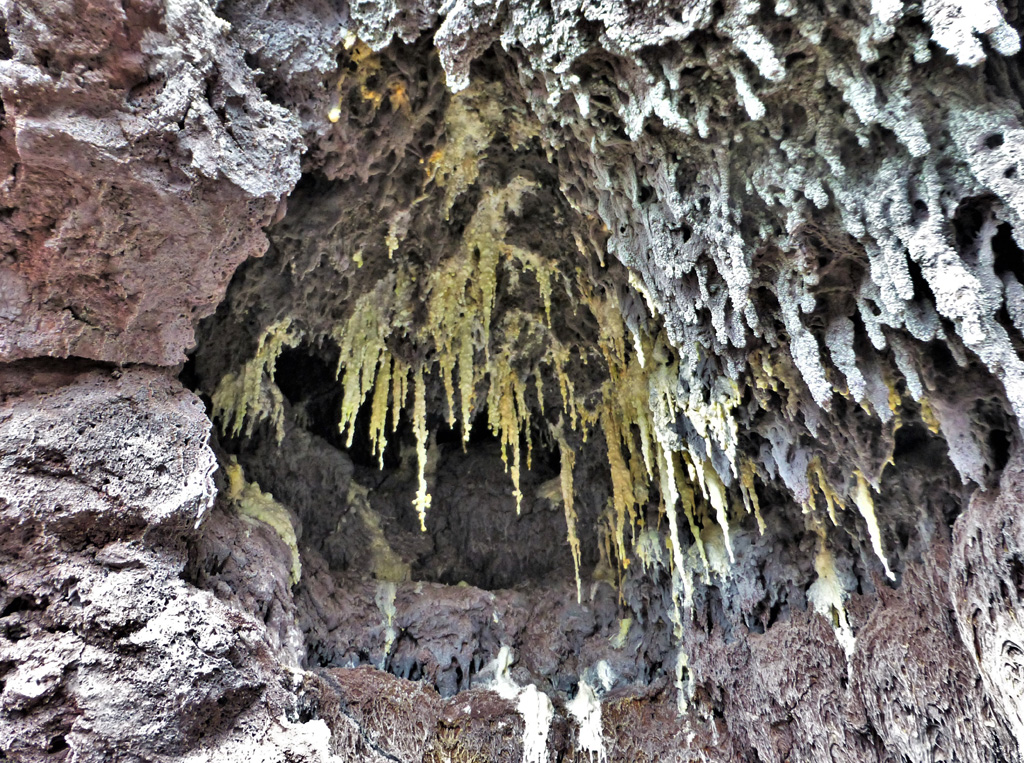 These lava stalactites formed in a lava tube within the 2012-2013 Tolbachik lava flow field, seen here in 2015. When the lava drains through the tubes remnants drip from the ceiling. Yellow and white minerals have crystalized across the surfaces. Photo by Janine Krippner, 2015.